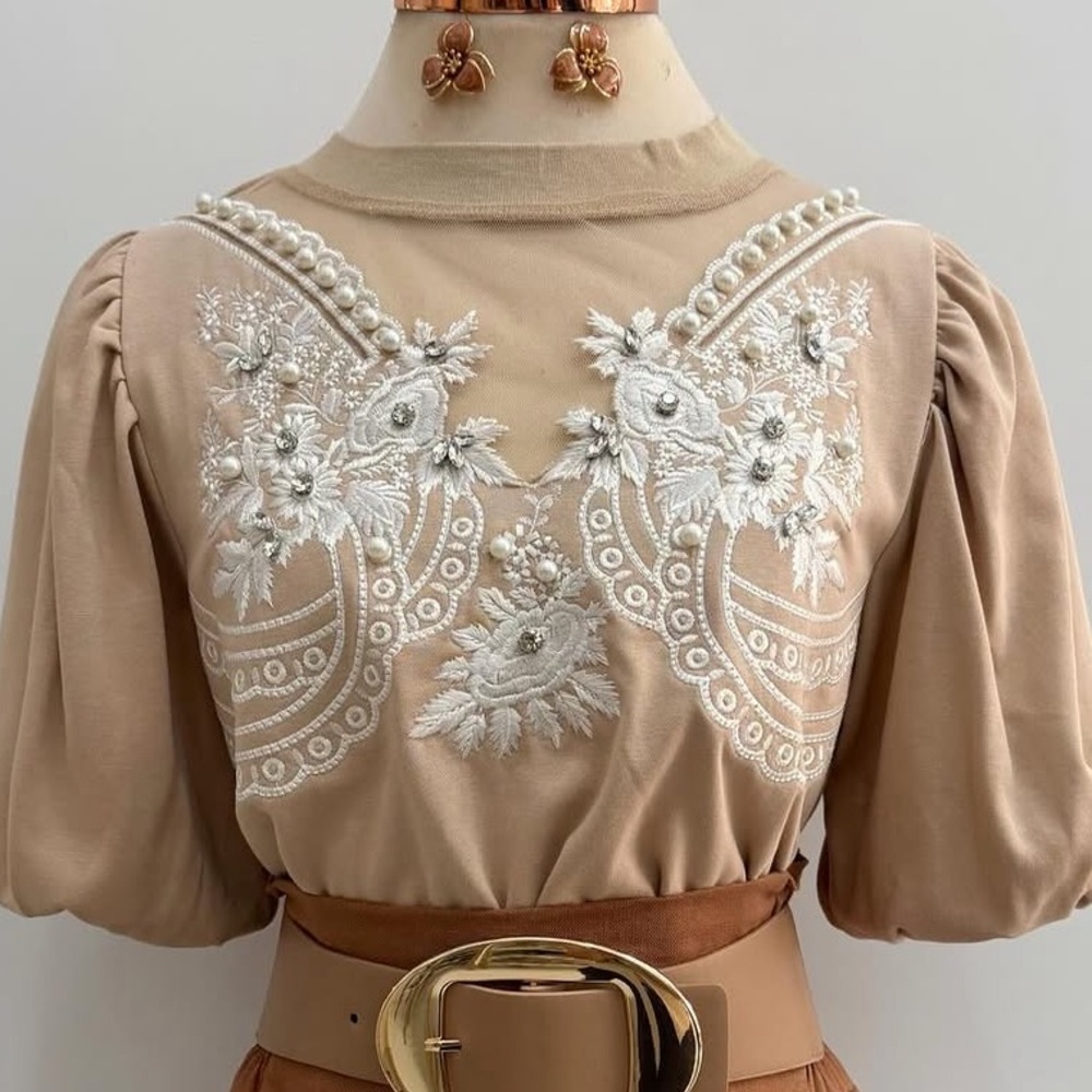 Elegant Beige Embroidered Blouse with Belted Skirt